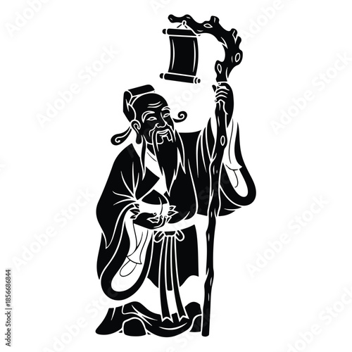 An elderly man dressed in traditional robes holds a staff and a book in a classical pose