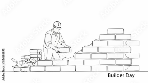 Builder constructing a brick wall with tools and materials nearby.