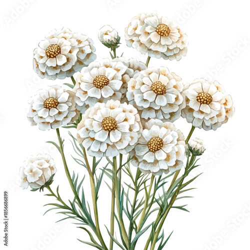 Achillea Flower, charming watercolor vector with soft tones and graceful design, isolated on a white background.