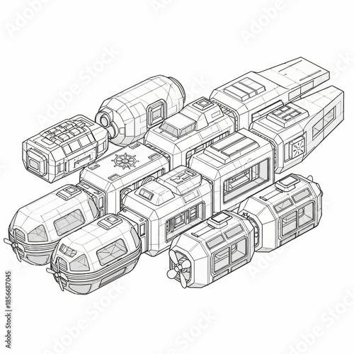 Detailed Sketch of a Futuristic Modular Space Station or Spaceship.