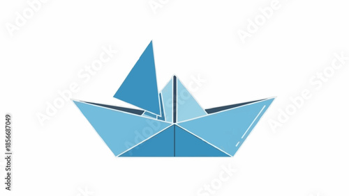 Blue paper boat with sail isolated on white background.
