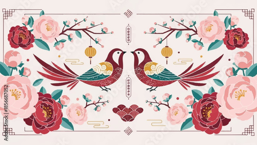 Illustration of two birds facing each other surrounded by flowers and foliage in a traditional design