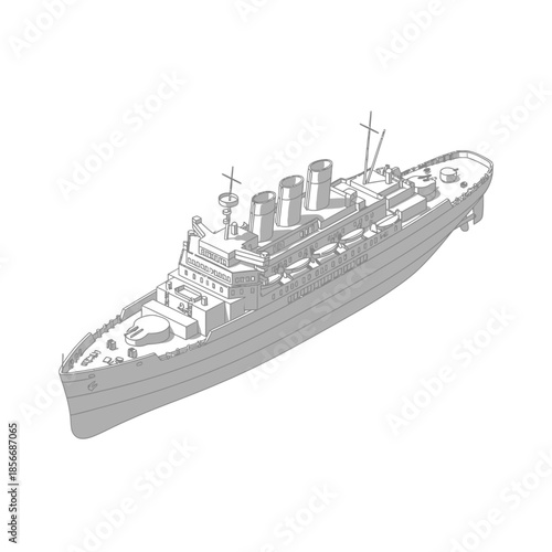 Detailed Sketch of a Large Passenger Ship with Multiple Funnels.