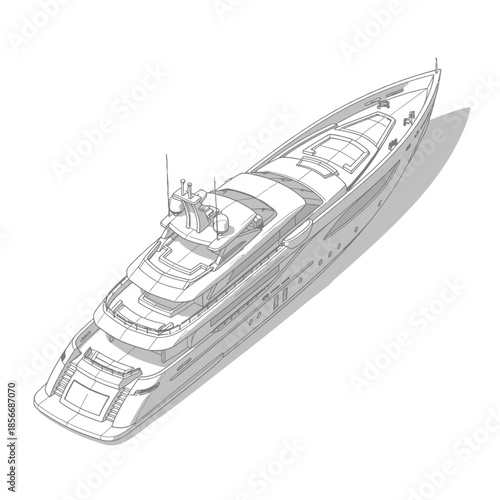 Detailed Sketch of a Luxurious Motor Yacht from an Aerial Perspective.