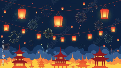 Vibrant lanterns and fireworks illuminate pagodas and buildings under a starry night sky
