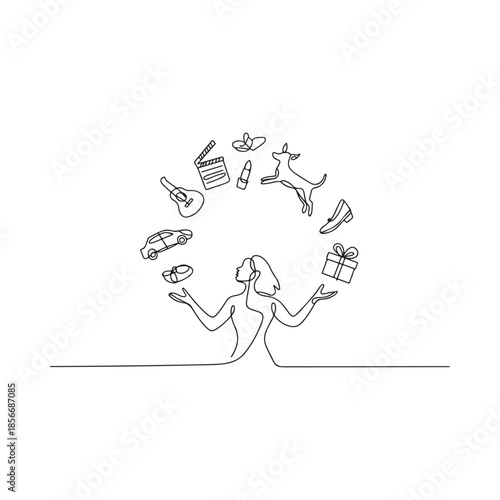 A continuous line drawing depicting a woman and surrounding objects