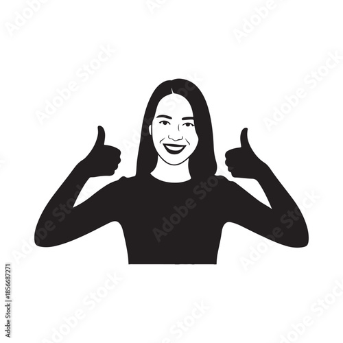Woman giving two thumbs up with a smiling expression in black and white