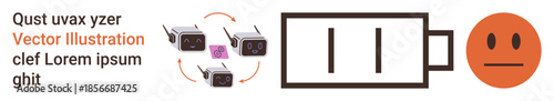 Energy monitoring, battery status, charging devices, power management, technology concept, emotions. Diagram shows device charging, battery icon and a neutral face. Energy monitoring and battery