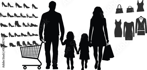 Family shopping silhouette vector illustration featuring parents and children with a shopping cart, bags, shoes, and clothing for retail and consumerism design,