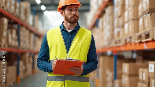 Supply chain import tariff, warehouse worker inspecting inventory.