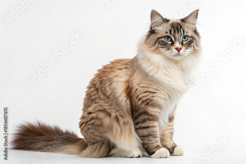 A beautiful long-haired Ragdoll cat with cream and brown markings and striking blue eyes sits elegantly against a white background.