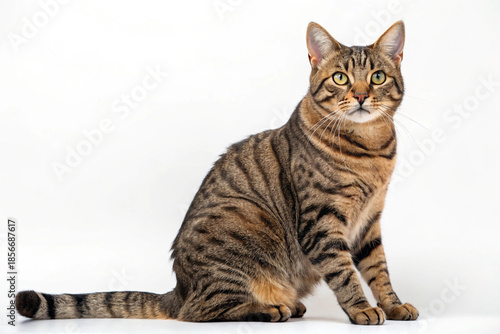 A sleek tabby cat with bold brown stripes and green eyes sits gracefully against a clean white background.