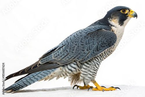 A majestic peregrine falcon with sleek blue-gray plumage and sharp eyes stands alert against a clean white background.