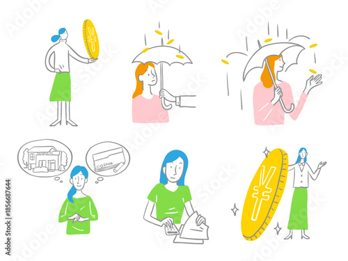 お金にまつわるシンプルな線画のイラスト お金の使い道 お金が降って来る