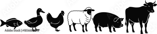 Farm animals vector illustration featuring silhouettes of a cow, pig, sheep, chicken, duck, and fish, black and white livestock collection for agriculture,