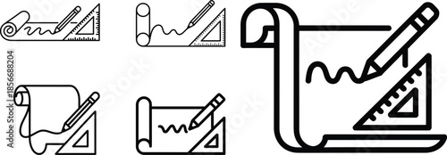 Black and white line art depicting drafting tools including paper scrolls pencils and set squares