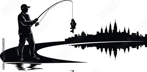 Fisherman silhouette vector illustration catching fish with rod against city skyline background, black and white urban fishing hobby scene with water reflection,