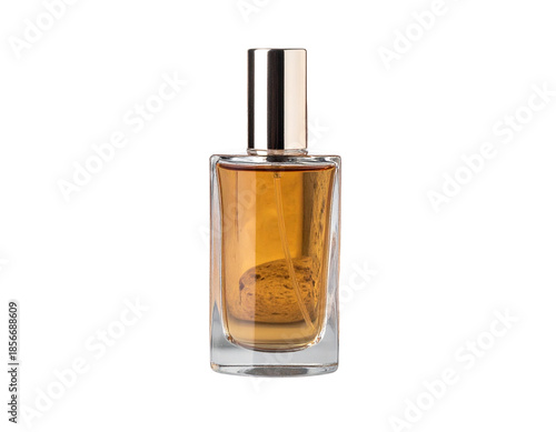 Elegant Amber Perfume Bottle with Silver Cap on White Background.
