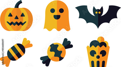 A colorful collection of halloween icons including pumpkins ghosts bats candies and a spooky skull design