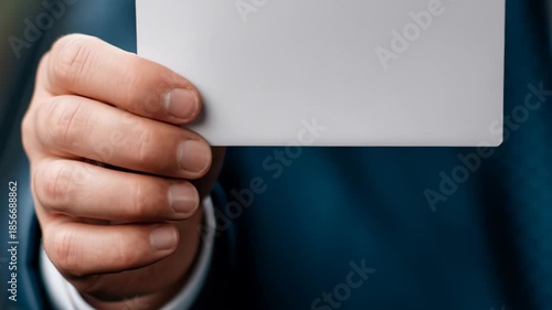 Supply chain import tariff, blank card held by a person in business attire.