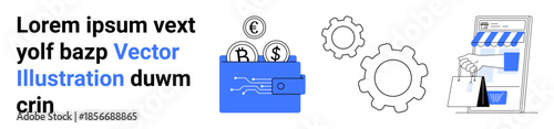 E-commerce tools, digital transactions, online shopping, fintech innovation, financial security, business operations. Wallet with coins, gears and a store. Digital transactions and e-commerce tools