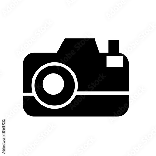 Black camera icon in flat silhouette style, representing photography, photo capture, digital camera, or media equipment. Isolated on white background.