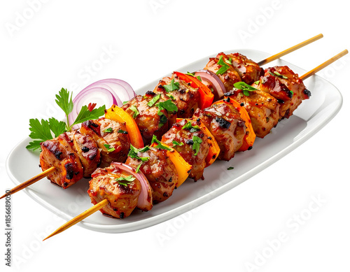 Delicious Grilled Meat Skewers with Vegetables and Herbs.