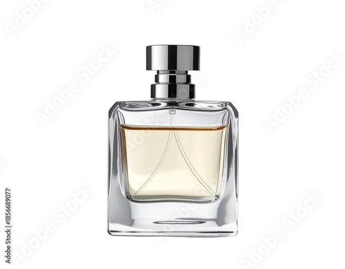Elegant Perfume Bottle with Clear Liquid and Silver Cap.