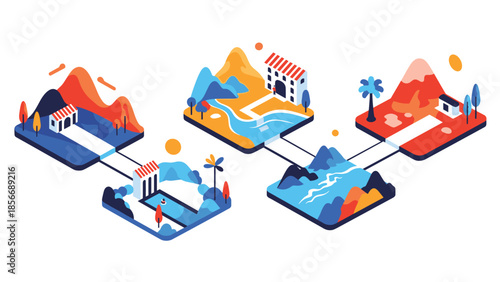 Isometric island landscapes connected by paths, Generative AI.