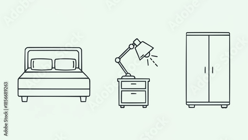 Bedroom furniture line art icons including bed nightstand and wardrobe.