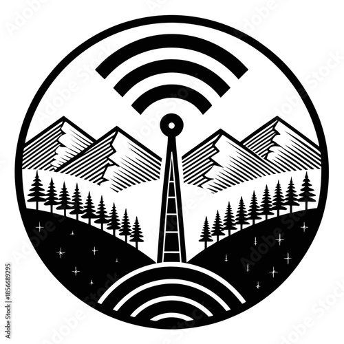 A black and white illustration of a radio tower in a mountainous landscape