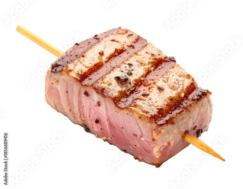 Grilled Tuna Steak on a Skewer with Grill Marks.