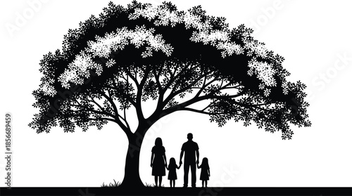 Family under tree silhouette vector, black and white contrast, nature unity pose, outdoor scene, parental love, minimal design, peaceful environment, togetherness