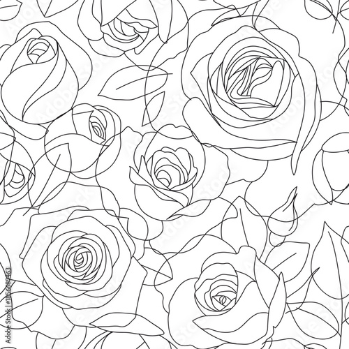 	
Seamless pattern with line art roses. Beautiful blossoming hand drawn flower with buds and leaves. Abstract wallpaper. Vector stock illustration