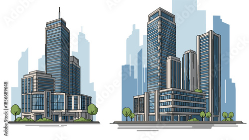 Modern Cityscape with Tall Buildings and Greenery, Generative AI.