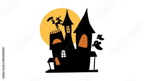 Spooky Haunted House Silhouette with Full Moon