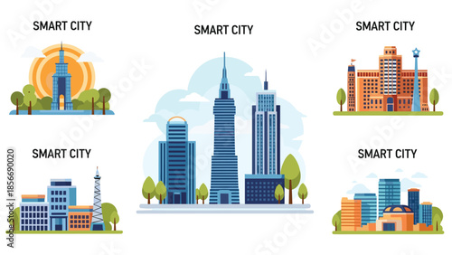 Modern Smart City Skylines with Tall Buildings and Greenery, Generative AI.