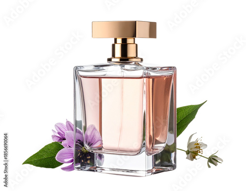Elegant Perfume Bottle with Delicate Flowers and Green Leaves.