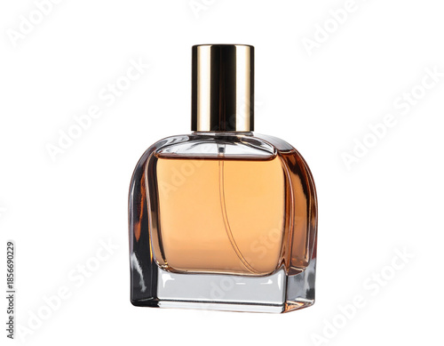 Elegant Perfume Bottle with Golden Cap and Amber Liquid.