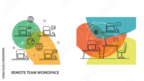 Remote Team Workspace Illustrations Showing Collaboration and Connectivity, Generative AI.