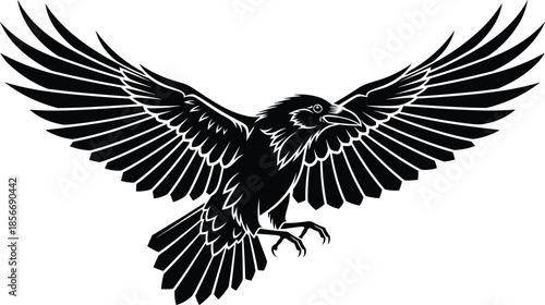 Flying raven silhouette, detailed feathers, open wings, black and white vector, symbolic bird illustration, tattoo design, mysterious creature, isolated artwork