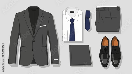 Classic Business Suit Outfit Flat Lay Top View.