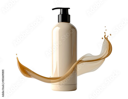 A beige bottle with a black pump dispenser and a splash of liquid.