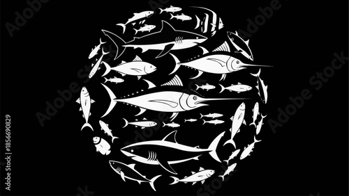 Circular arrangement of various fish species in white outline on black background.