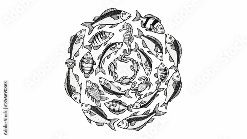 Circular arrangement of various fish species and a seahorse.