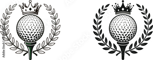 Golf ball on tee with royal crown and laurel wreath vector emblem, luxury sports championship logo, professional tournament trophy award, elite club branding.