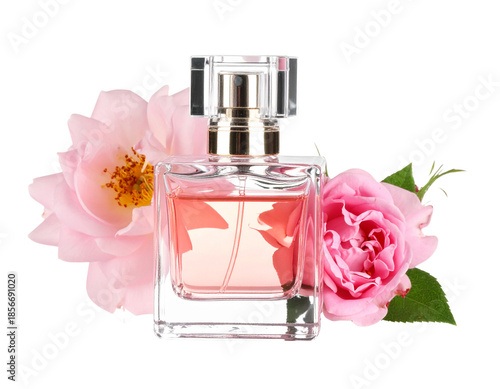 Elegant Perfume Bottle Surrounded by Delicate Pink Roses.
