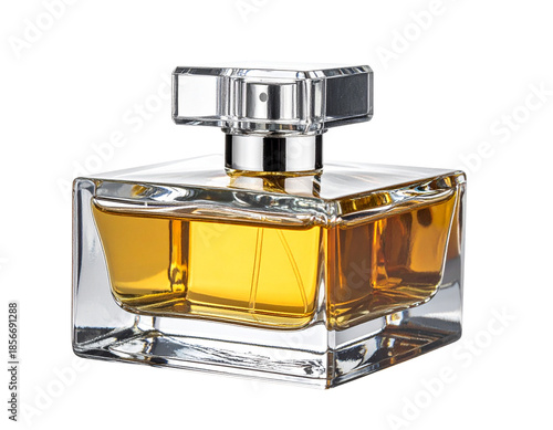 Elegant Glass Perfume Bottle with Golden Liquid.