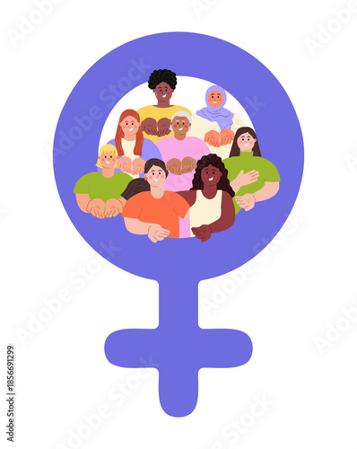 Diverse happy women with open palms, hands giving gesture, arranged in Venus female symbol. Give To Gain IWD 2026 concept. International Women's day flat vector illustration on transparent background