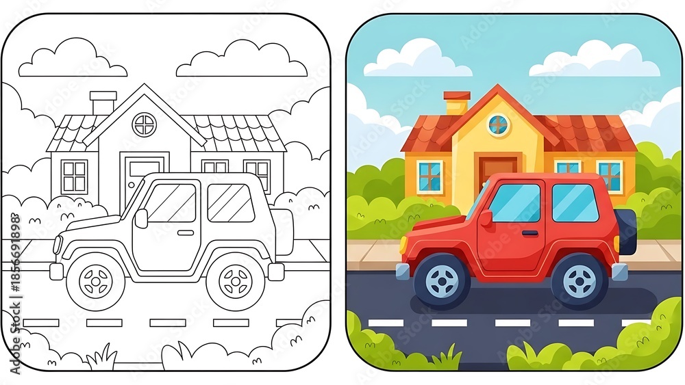 Fototapeta premium Side-by-side comparison of a black and white drawing and its colored version depicting a house with a red jeep parked on the road in front.
